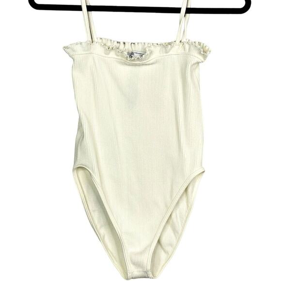 ZARA Limited Contour Collection Ruffle Spaghetti Strap Rib Bodysuit XS Cream - Picture 1 of 15